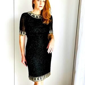 Vintage 80s Silk Beaded Sheath Dress, Formal, Black Tie Cocktail Kazar Blk/Gld